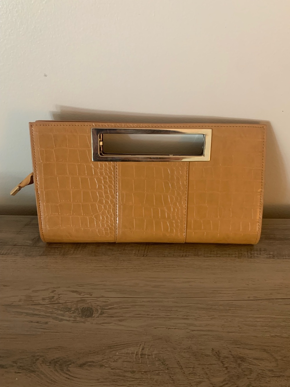 Croc-Embossed Tan Leather Clutch with Metallic Handle